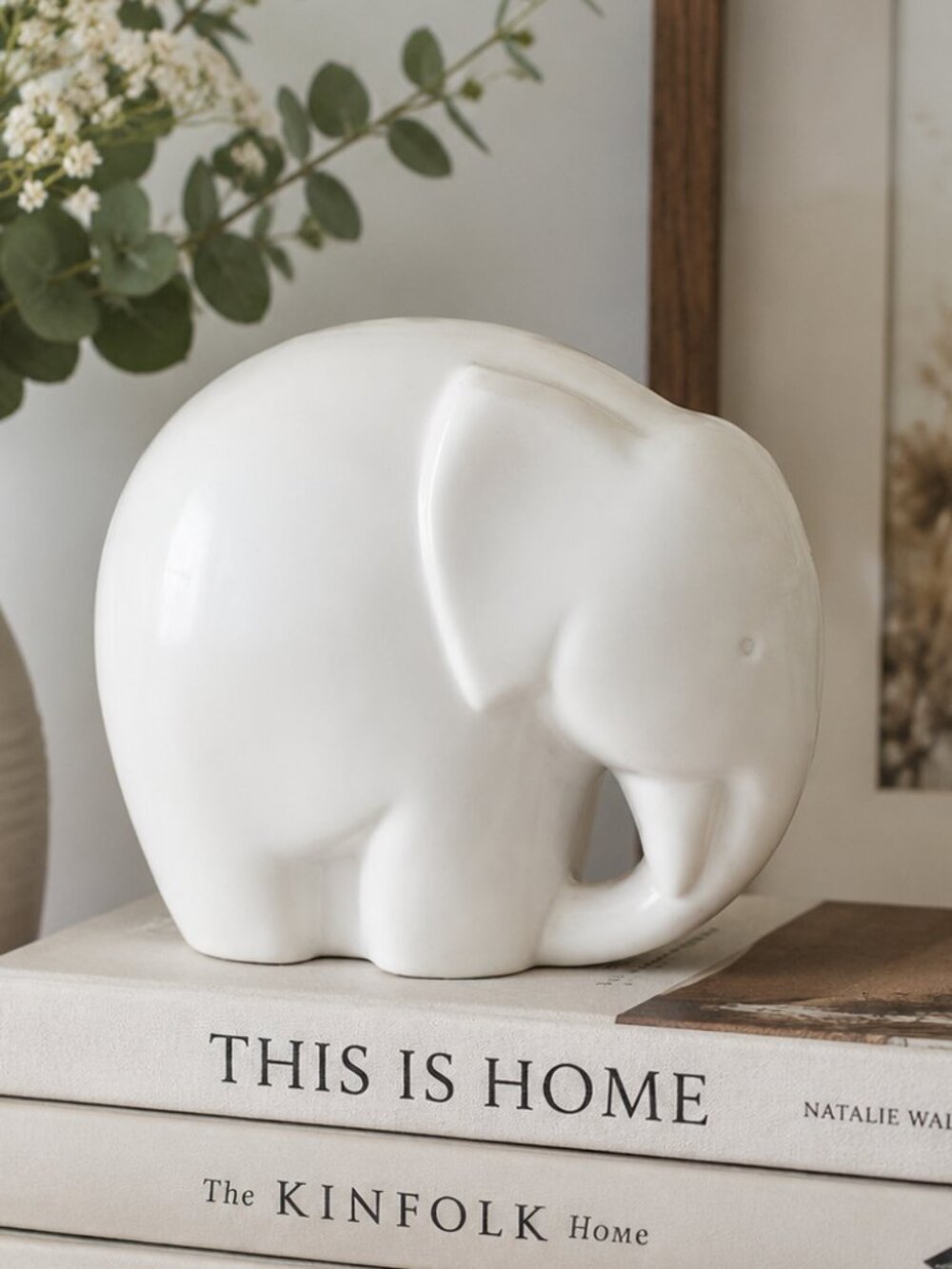 Vintage White Ceramic Elephant Figurine Mid Century Modern Decor 6" Sculpture